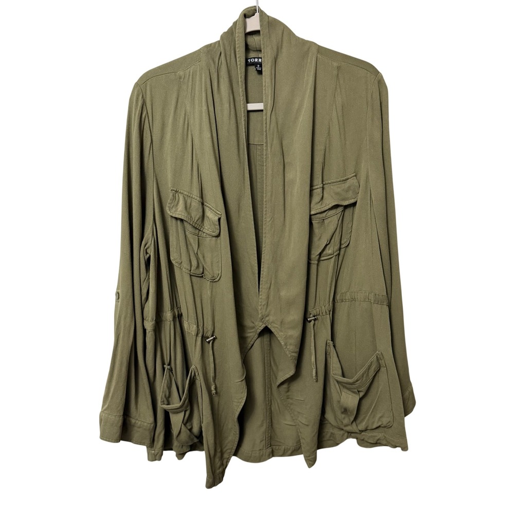 Torrid Olive Green Drape Front Utility Anorak Jacket Plus Size 2 Rayon Cargo